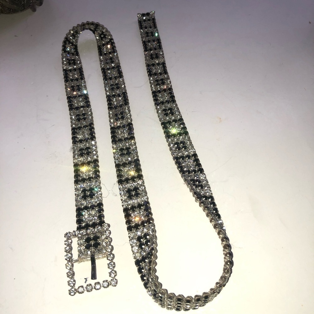 Dazzling black and silver Rhinestone Belt with Buckle 34” long. Get your bling!